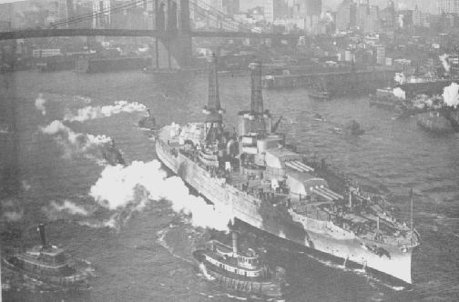 The U.S.S.Arizona sails down the East river, on her way to sea.