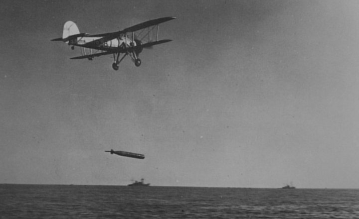 A Fairy Swordfish dropping a torpedo.