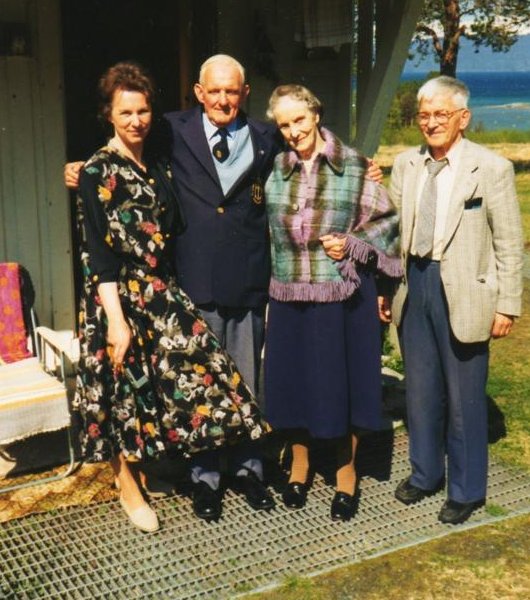 The Christiansen family with Cyril Cope, on the right is Mrs. Petra Christiansen and on the left is her youngest daughter Lilli. On the far right is Olav Kristensen , Foreman of the Narvik Veteraners. Photo Ron.Cope.