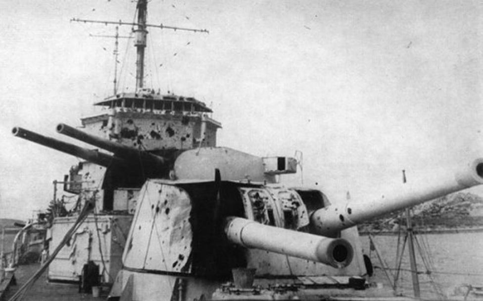 HMS Exeter showing her damage after action with the Graff Spee. Photo courtesy navy photos and Ian Morte