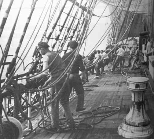 Pulling up the port mainbrace by hand.