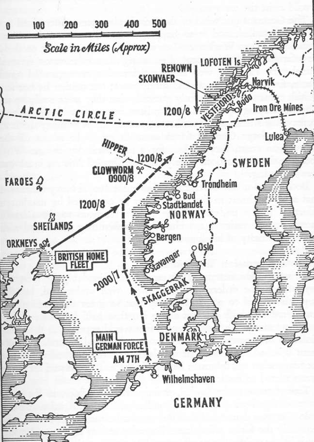 Map showing both Fleet's approach to Narvik.