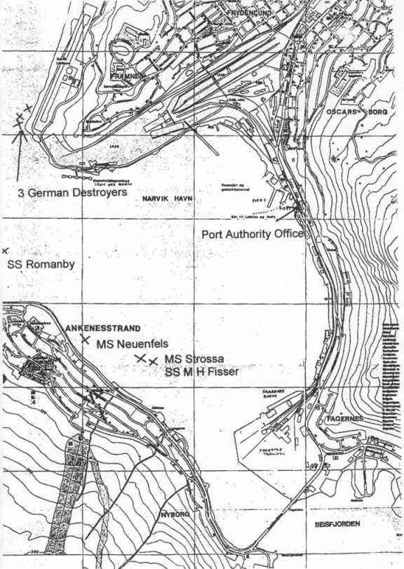 Map showing wrecks in Narvik harbour.