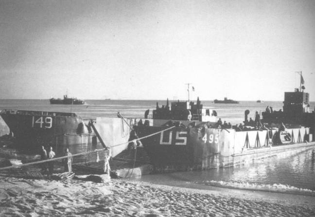 Landing craft on Slapton beach.