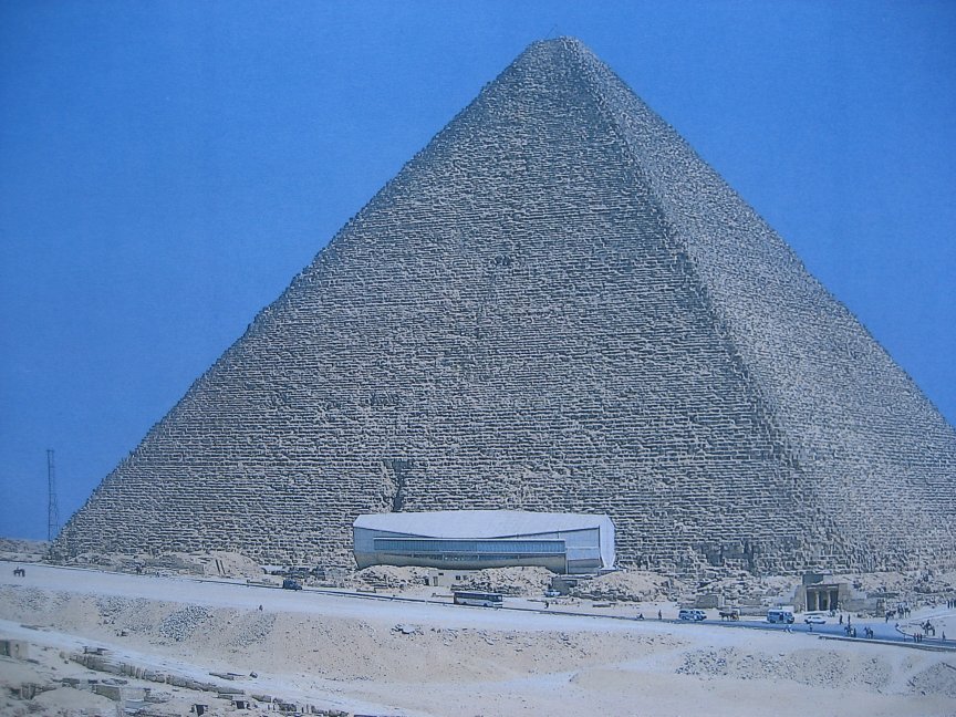 The Great Pyramid with the Sola Boat museum in front.